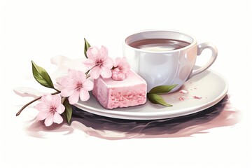 An illustration of a cup of tea and a small pink cake on a white plate