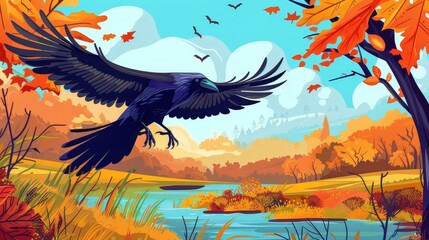 Obraz premium Stream of water, green grass, orange bushes, trees and wild crow with spread wings fly in autumn forest on river shore. Modern cartoon illustration of fall landscape with water stream, green grass,