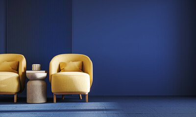 Two yellow armchairs with empty blue wall background. Modern home interior design. 3D Rendering, 3D Illustration