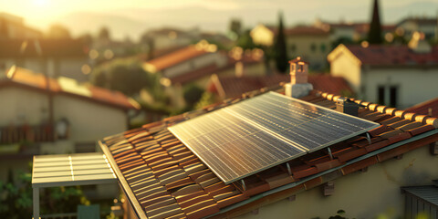 Obraz premium A image of solar panels installed on the roof of a residential home, capturing the integration of solar energy into everyday living