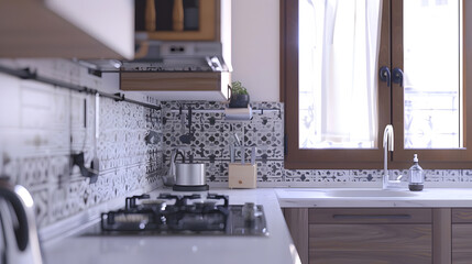Interior of small kitchen with sink near window and wooden cabinets in kitchen furniture Stove with gas and kettle Modern pattern tiles on the wall : Generative AI - Powered by Adobe
