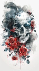 Gray and black skull with vivid red roses near the jaw, hand-drawn in ink and watercolor. Tattoo-style illustration ideal for edgy clothing designs, posters, and gothic or alternative fashion prints.