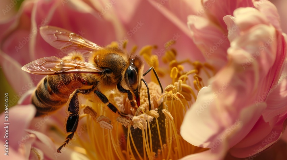 Poster close-up of a honeybee delicately gathering pollen from the center of a fragrant blossom, a moment o