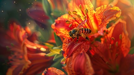 Close-up of a honeybee delicately gathering pollen from the center of a fragrant blossom, a moment of natural beauty.