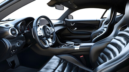 Car inside Interior of prestige modern car Comfortable leather seats Black cockpit with on isolated white background : Generative AI