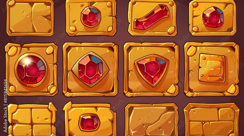 Poster isolated design element of gold metal bordering with gemstones and red buttons. modern illustration 