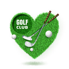 Golf club tournament, poster banner design template. Heart shape golf course with balls and clubs. Vector cartoon illustration isolated on white background