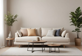 A living room with a couch and a coffee table with a coffee cup on it