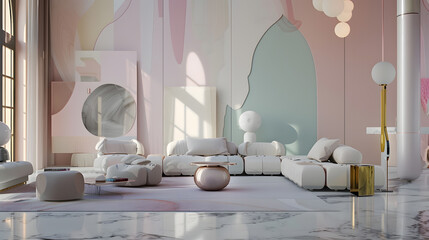 modern openplan room interior in futuristic style in pastel colors with graphic wall decoration very high ceilings and a huge window soft stylish furniture with gold metallic elements : Generative AI