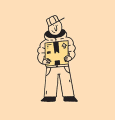 A hand-drawn illustration of a boy delivering a courier package with a smile, showcasing efficiency and reliability