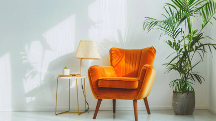 Concept of vintage armchair and old home decor in apartment Vertical view of retro style orange...