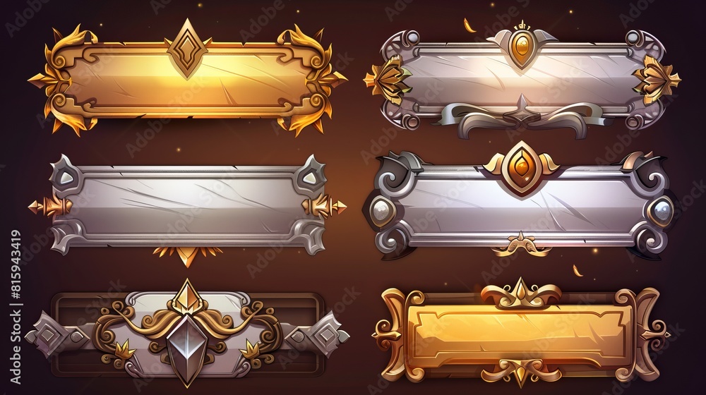 Poster the game buttons are made of silver and gold with fantasy frames in medieval style. set of empty ban