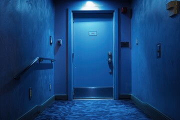 Vivid blue door in a dimly lit hallway invokes intrigue and possibilities