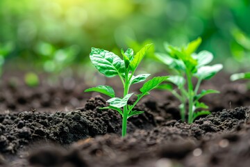 Lush young plants emerge strongly from dark, fertile soil, highlighted by soft sunlight filtering through green foliage.
