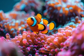 Clownfish nestled among anemone tentacles, representing marine symbiosis. 