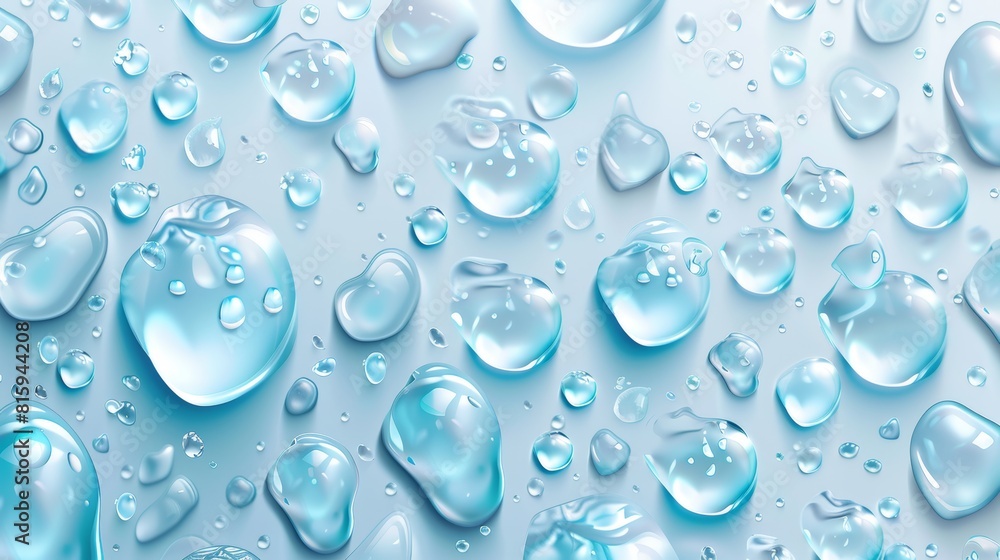 Poster the following are condensation water drops on a white horizontal background. rain drops with light r