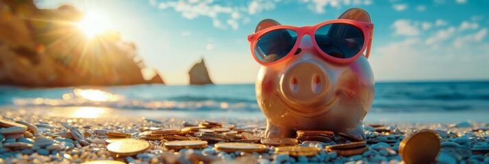 Piggy bank with sunglasses, set on the beach amidst coins and a picturesque sea backdrop, embodying the travel concept of saving for a vacation trip or summer holiday business