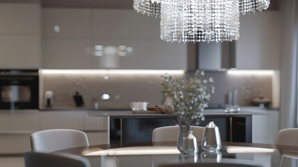 Interior of spacious light dining room and elegant chandelier located near kitchen with modern furniture and appliances : Generative AI