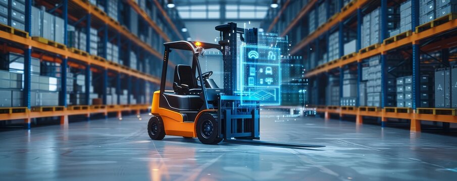 Conceptual image of a forklift with digital technology, showcasing warehouse icons on a blue hologram background, symbolizing a modern data tracking solution