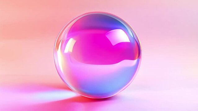 Crystal ball pastel pink liquid moving. Rainbow pastel gradient round air soap bubble ball. A multicolored circle isolated on pink background. Mother of pearl. Colored sphere moon.3d render. 4k video