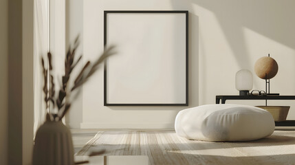 Interior design of modern living room interior with mock up poster frame beige pillow black stand white slippers carpet stylish coffee table and personal accessories Home decor Templat : Generative AI