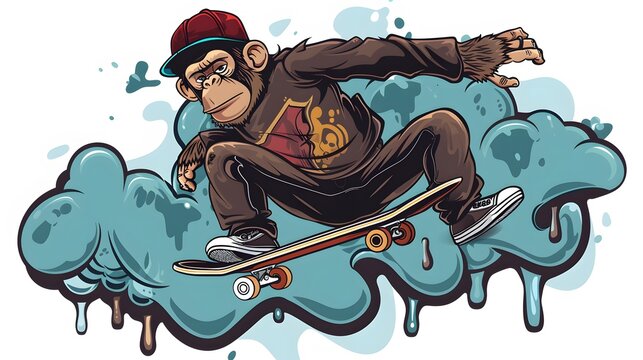 Graffiti Style Skateboarding Monkey Vector illustration of a skateboarding monkey performing a trick.