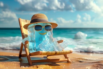 ice cube with panama hat wearing sunglasses sunbathing on a sun chair on a tropical beach, caricature