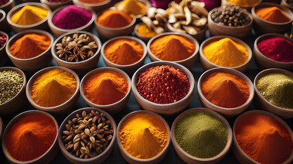 Various spices on wooden presentation in front of black background, chili pepper, cumin, mint, black pepper, Generative AI