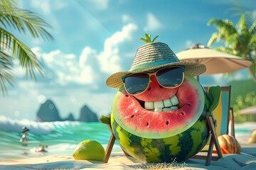 Happy watermelon with Panama hat wearing sunglasses sunbathing on a sun chair on a tropical beach, caricature