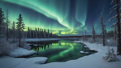 Wide image of Aurora Borealis lights in sky, Northern Lights in a night sky over a northern winter landscape, a lake and pine trees in distance
