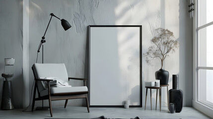 Stylish scandinavian composition of living room with design armchair black mock up poster frame commode wooden stool lamp decoration loft wall and personal accessories in modern home d : Generative AI