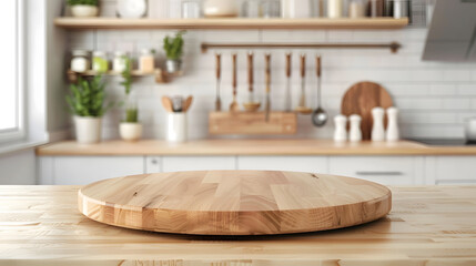 Empty beautiful round wood tabletop counter on interior in clean and bright kitchen  background...