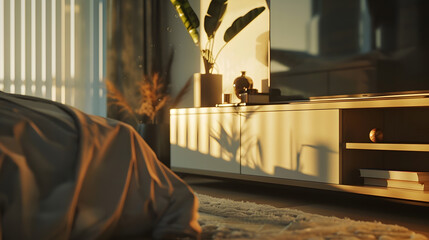 Stylish bedroom interior design with modern tv unit : Generative AI
