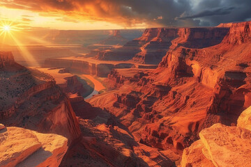 Fototapeta premium A spectacular canyon sunset with towering red rock formations bathed in golden light, casting long shadows across the rugged landscape as the sun dips below the horizon.