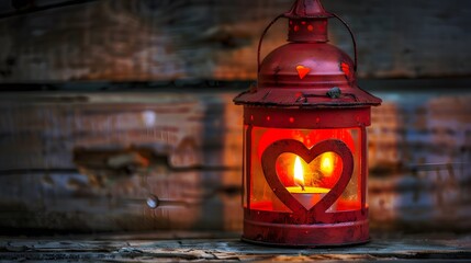 Decorative red metal lantern with a heart cutout lit by a glowing candle with copyspace for Valentines or Christmas