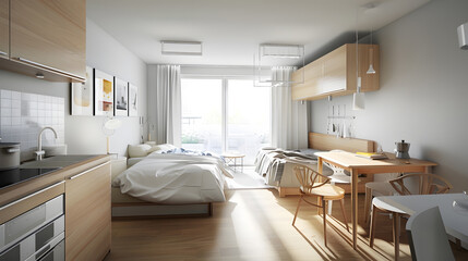 General view of a stylish modern studio apartment There is a small kitchen with a wooden counter a double bed and a single bed and a table with chairs No one inside : Generative AI - Powered by Adobe