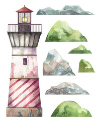 Lighthouse tower with rocky landscape and green grass hills. Watercolor hand painted cartoon illustration set: lighthouse building, rocks, hills, grass meadow isolated on white background