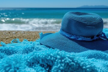 Vibrant blue hat rests on a towel against the backdrop of a serene beach and ocean waves