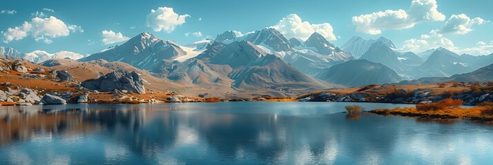 MOUNTAIN LANDSCAPE WITH LAKE, MOUNTAINS IN THE BACKGROUND realistic nature and landscape