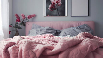 Grey blanket on pink bed against the wall with poster in modern bedroom interior : Generative AI