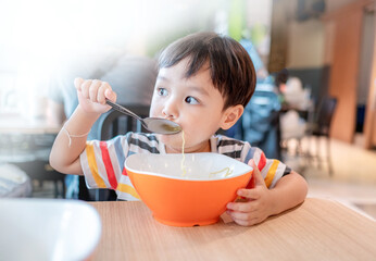 Cute little boy eating delicious Roasted Duck Noodle with chopstick by himself. Young boy is very...