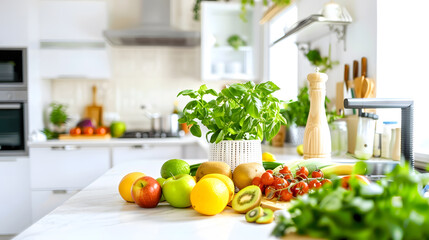 Beautiful kitchen island with plant and fresh fruit on it in a spacious room : Generative AI