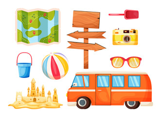 Set for travel and tourism. Vector illustration. Trendy style. Car, glasses, ball, bucket with shovel, sand castle, map, pointer. Summer, sea, beach. Holidays and travel. Holiday
