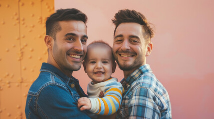 Fototapeta premium A gay couple adopting their first child and the joys of their new family, realistic photography,minimalist background, clean and simple setting, free space