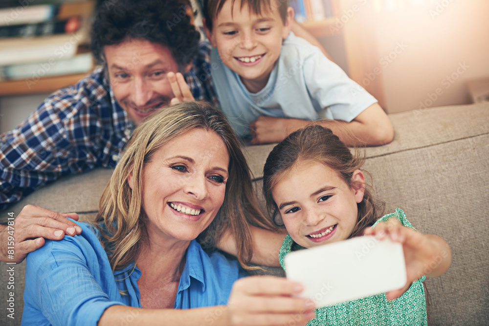 Poster happy family, relax and selfie with peace sign on sofa for memory, picture or bonding together at ho