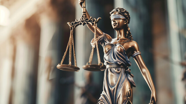 Statue of Lady Justice holding scales, symbolizing fairness and law, with a blurred courthouse background.