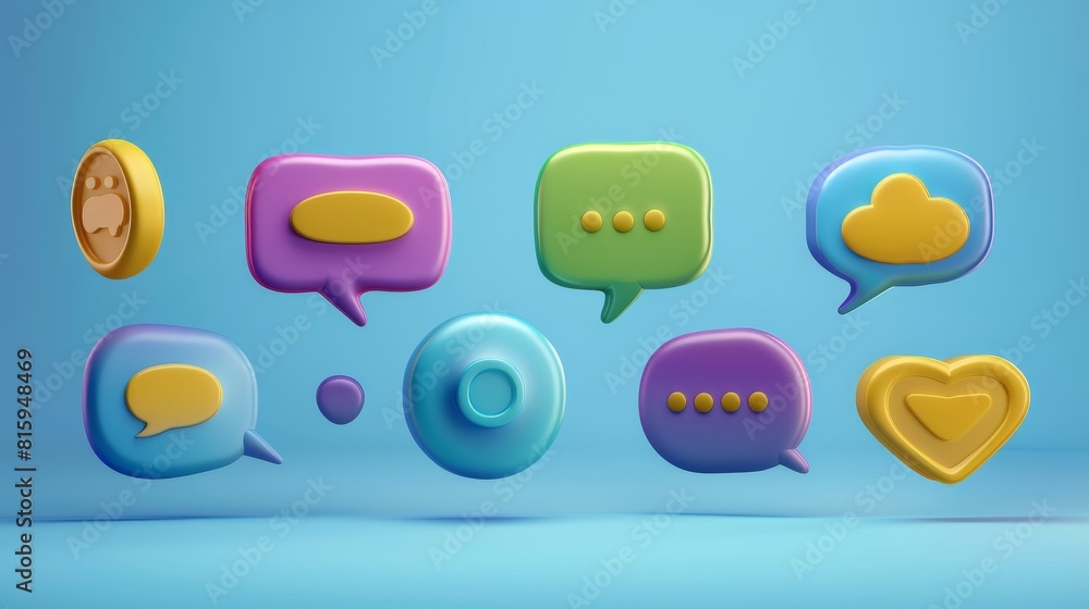 Poster render of colorful chat message bubbles on blue background. there are round, oval, and rectangular s