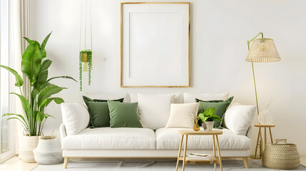 Cozy composition of living room interior with mock up poster frame white sofa green pillows gold trace plants beige lamp wall with stucco and personal accessories Home decor Template : Generative AI