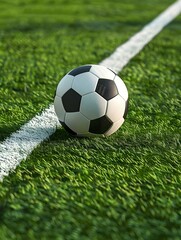 Close up of a anthracite and white Soccer Ball next to a white Line on a green Pitch. Football Wallpaper