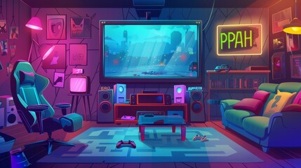 A cartoon illustration of a game room interior featuring a large TV screen, joysticks, a comfortable armchair, neon pause and play signs, and a comfortable armchair for gaming entertainment.